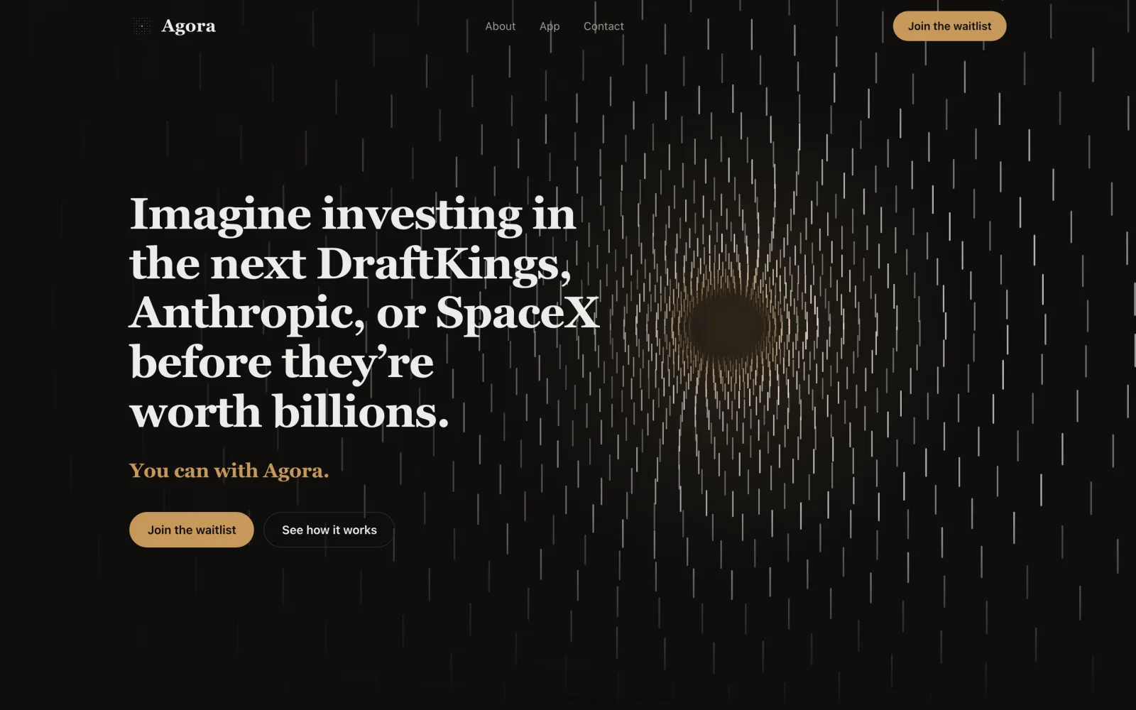 Agora Markets landing page: a dark canvas with a gold particle vortex and the headline about investing in the next DraftKings, Anthropic, or SpaceX