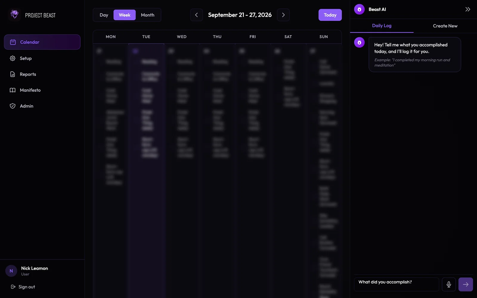 Project Beast: the weekly habit calendar beside the Beast AI panel, which asks what you accomplished today and logs it for you